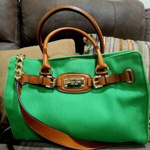 Michael Kors Green and Brown Satchel with Gold Hardware